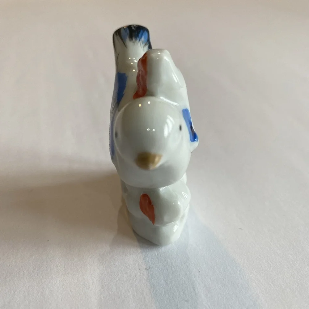 Bird Figurine White Blue Wings Miniature Perched Ceramic Hand Painted Japan VTG